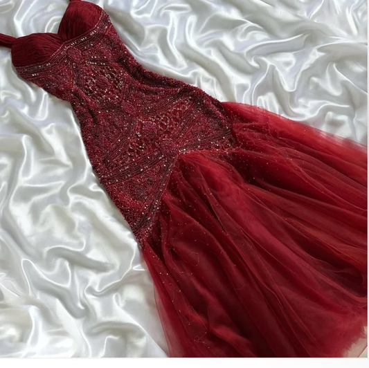 Modest Mermaid Sweetheart Burgundy Tulle With Beads For Women Party Dress Long Formal Prom Dresses 22th Birthday Outfits AB1363