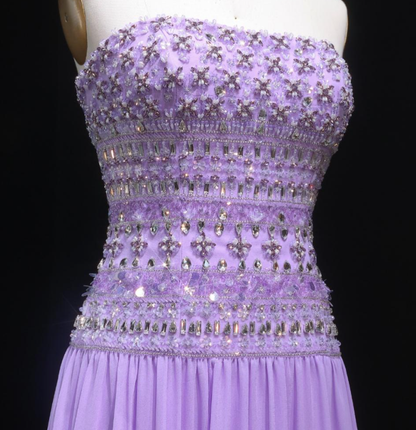 Elegant A line Strapless Lilac Chiffon Silver Beads Long Prom Dresses Inspiration Trending Evening Gowns Formal Party Prom Dress B376