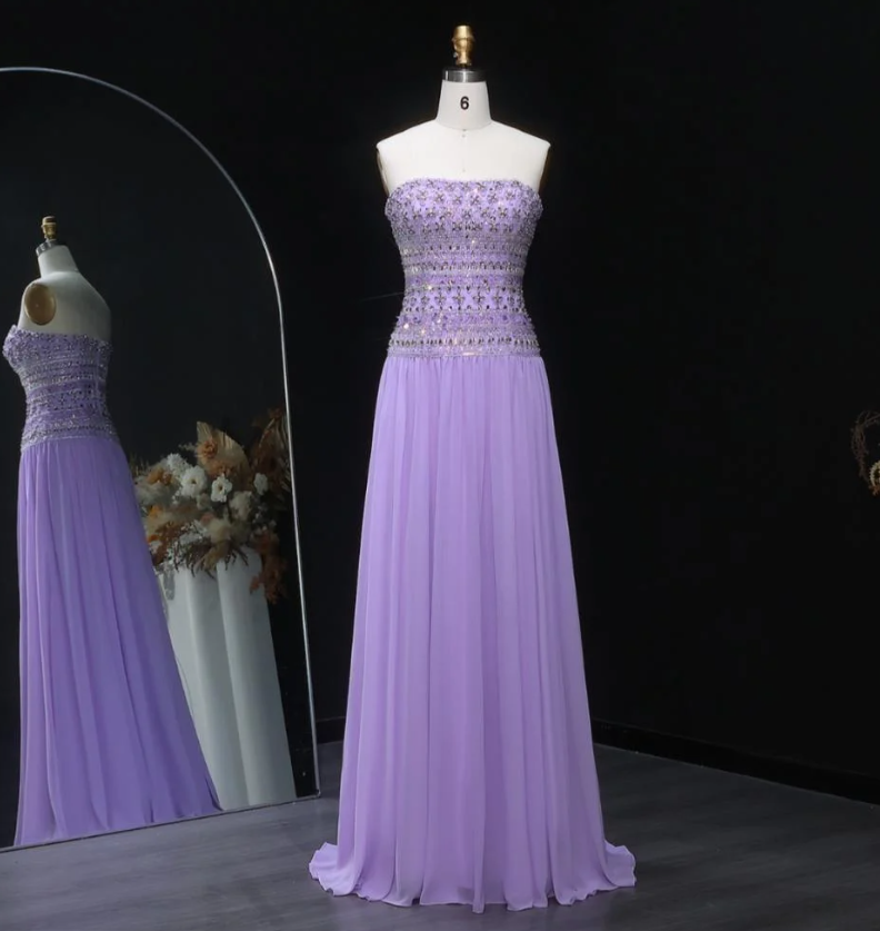 Elegant A line Strapless Lilac Chiffon Silver Beads Long Prom Dresses Inspiration Trending Evening Gowns Formal Party Prom Dress B376