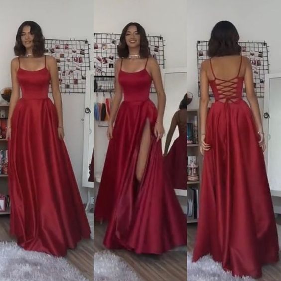 Stunning A line Spaghetti Straps Satin Burgundy Prom Dresses 2026 Inspiration Slit Prom Dress Princess Graduation Dress B385