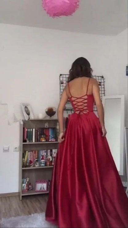 Stunning A line Spaghetti Straps Satin Burgundy Prom Dresses 2026 Inspiration Slit Prom Dress Princess Graduation Dress B385