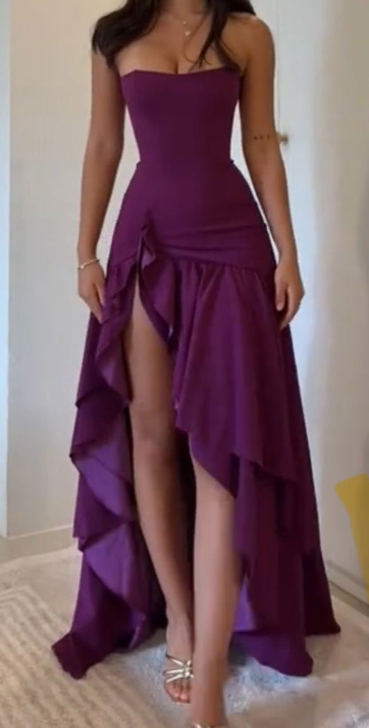 Elegant High Low Strapless Grape Floor Length Prom Dress Inspiration Long Prom Dresses B387