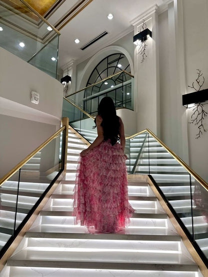 Modest Ball Gown Spaghetti Straps Pink Floral Tulle Prom Dresses Inspiration Prom Dress Princess Party Birthday Graduation Dress B389