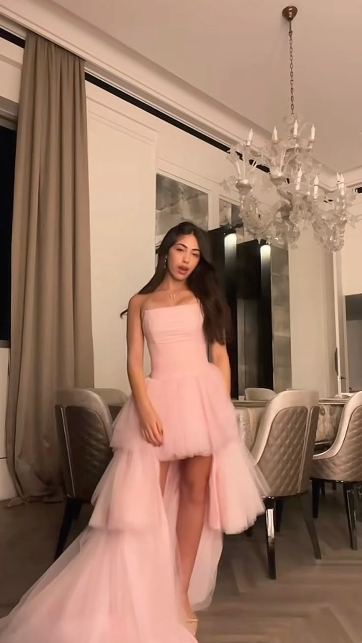 Elegant High Low Strapless Pink Tulle Floor Length Prom Dress Inspiration Long Prom Dresses B392