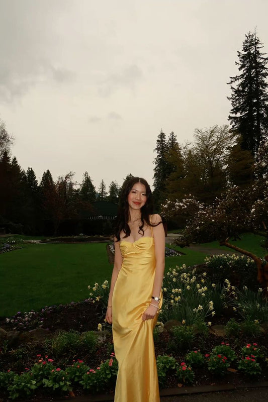 Stunning A line Spaghetti Straps Yellow Satin Prom Dresses 2026 Inspiration Prom Dress Princess Graduation Dress B396