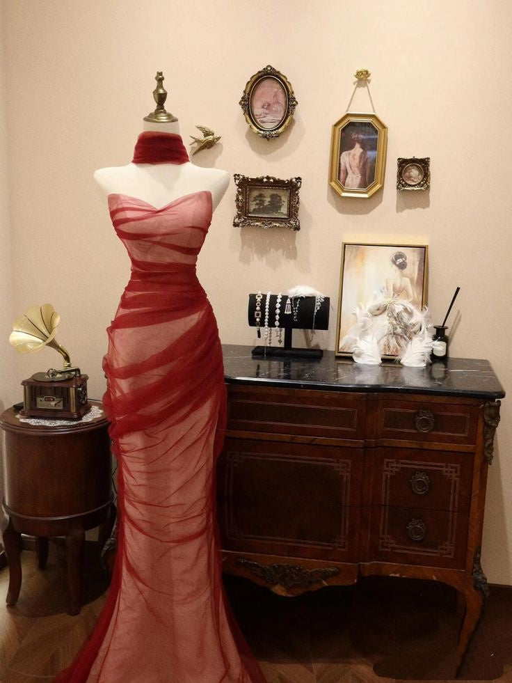 Elegant Mermaid Sweetheart Burgundy Tulle Floor Length Prom Dress Inspiration Long Prom Dresses B398