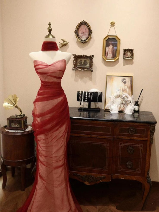 Elegant Mermaid Sweetheart Burgundy Tulle Floor Length Prom Dress Inspiration Long Prom Dresses B398