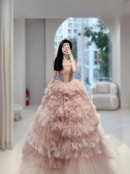 Unique Ball Gown Strapless Pink Tulle With Multi Layered Long Prom Quinceanera Dresses Sweet 15 16 Birthday Gown AB886