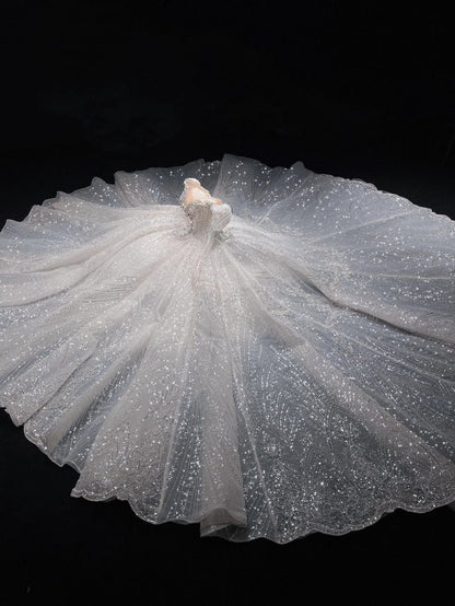 Dreamy Ball Gown Off The Shoulder White Sequins Long Sleeves Wedding Dress Fairy Formal Wedding Dresses B40