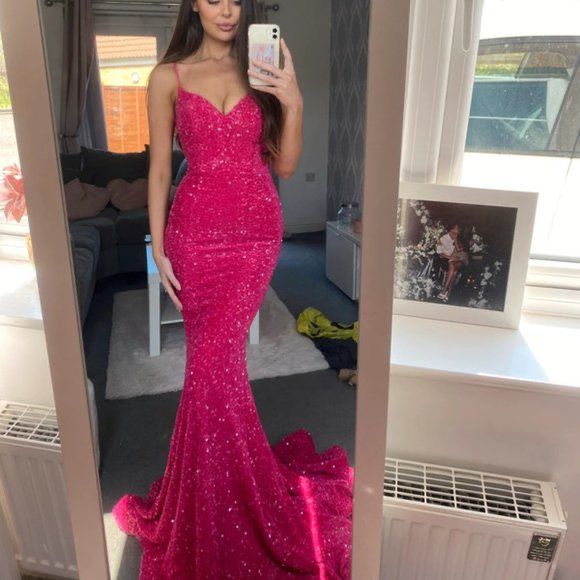 Stunning Mermaid Spaghetti Straps Pink Sequin Prom Dresses 2026 Prom Dress Princess Graduation Dress B408
