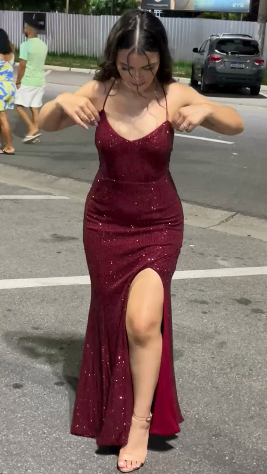 Elegant Mermaid Halter Burgundy Sequin Floor Length Prom Dress Inspiration Long Prom Dresses B413