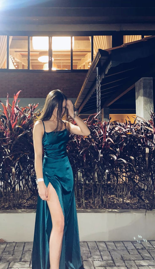 Stunning Sheath Spaghetti Straps Green Satin Slit Sleeveless Prom Dresses Party Dress Princess Graduation Dress B416