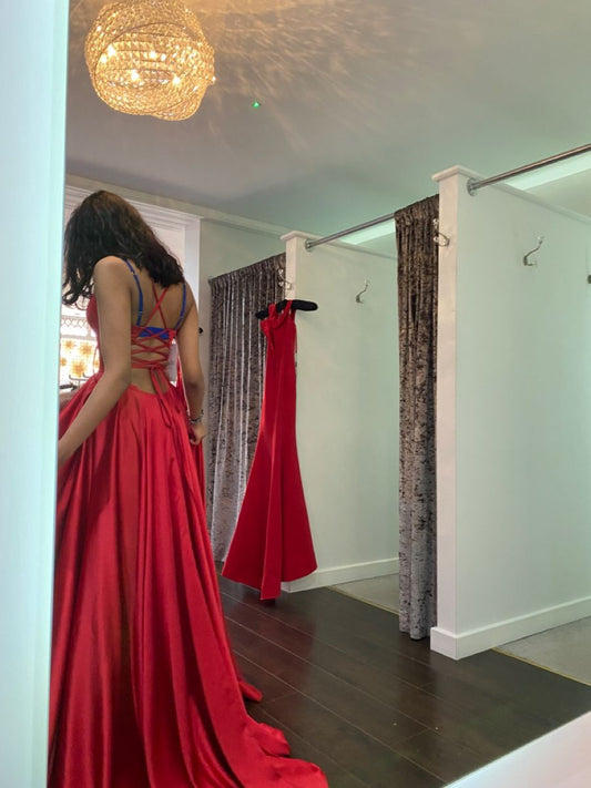 Elegant A Line Spaghetti Straps Red Satin Backless Floor Length Prom Dress Inspiration Long Party Prom Dresses B417