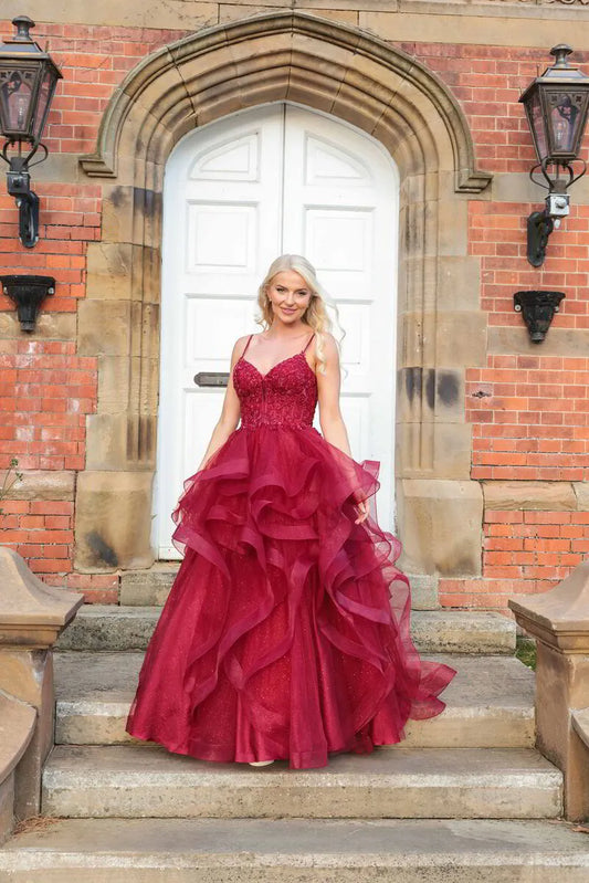 Stunning Ball Gown Spaghetti Straps Tulle Red Prom Dresses Party Dress Princess Graduation Dress B420