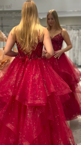 Stunning Ball Gown Spaghetti Straps Tulle Red Prom Dresses Party Dress Princess Graduation Dress B420