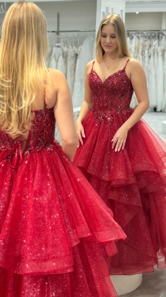 Stunning Ball Gown Spaghetti Straps Tulle Red Prom Dresses Party Dress Princess Graduation Dress B420