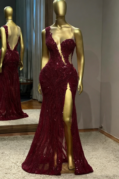 Stunning Mermaid Scoop Neck Pink Slit Sequin Prom Dresses Inspiration Prom Dress Princess Graduation Dress B425