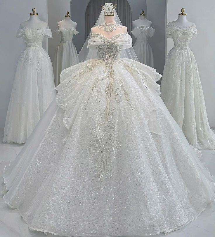 Dreamy Ball Gown Off The Shoulder Sequins Appliques Long Wedding Dress Fairy Formal Short Sleeves Wedding Dresses B43