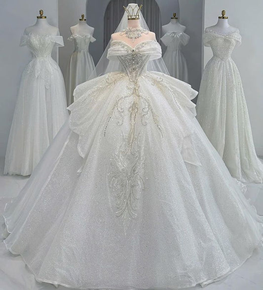 Dreamy Ball Gown Off The Shoulder Sequins Appliques Long Wedding Dress Fairy Formal Short Sleeves Wedding Dresses B43