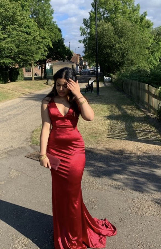 Stunning Mermaid V Neck Red Satin Prom Dresses Inspiration Prom Dress Princess Graduation Dress B434