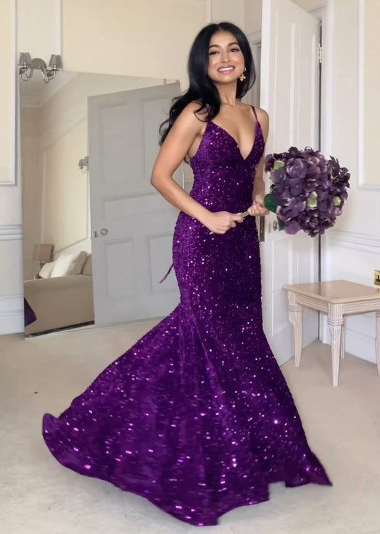 Classic Mermaid Spaghetti Straps Grape Sequin Long Prom Dress Inspiration Party Senior Dance Prom Dresses B439