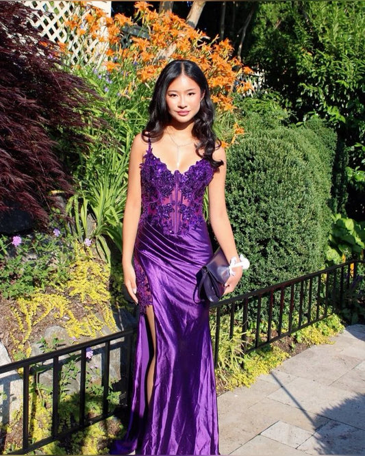Classic Mermaid Spaghetti Straps Grape Satin Lace Long Prom Dress Inspiration Party Senior Dance Prom Dresses B442