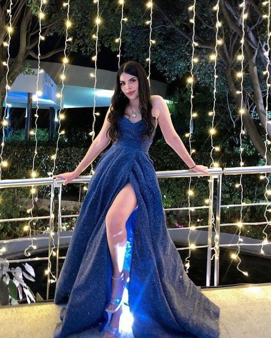 Sparkly A Line Spaghetti Straps Royal Blue Sequin Slit Floor Length Prom Dress Inspiration Long Party Dresses B451