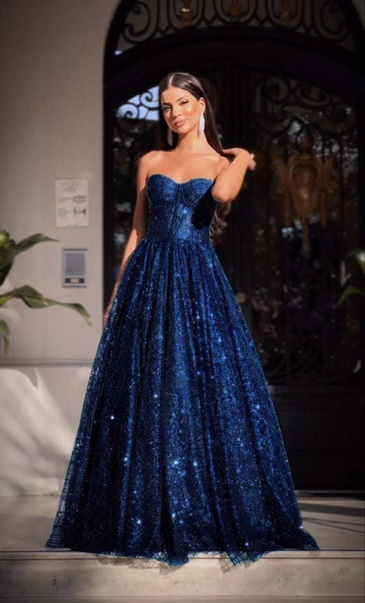 Modest Ball Gown Sweetheart Navy Blue Sequin Prom Dresses Party Dress Princess Graduation Dress B452