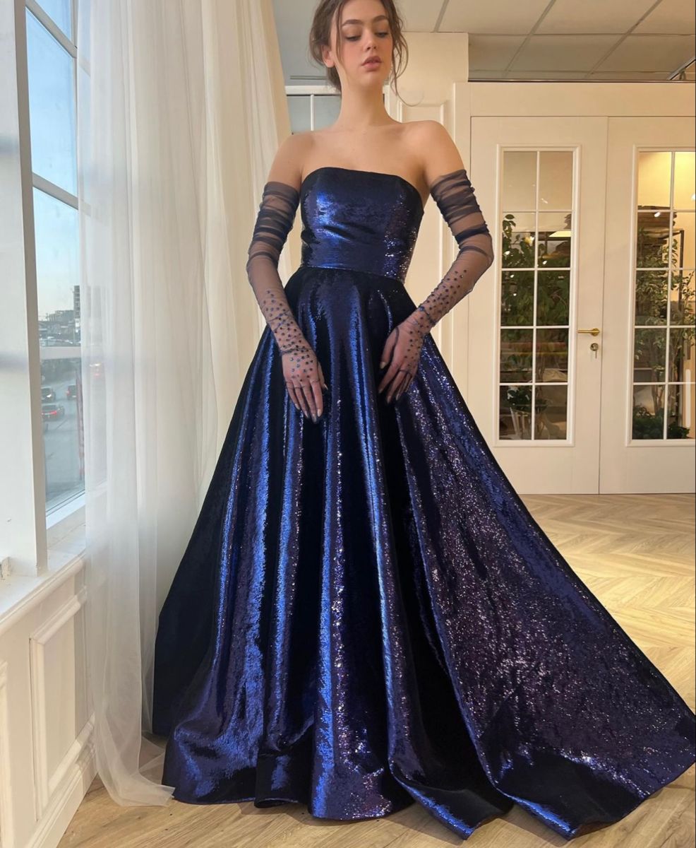 Modest A Line Strapless Navy Blue Sequin Prom Dresses Party Dress Princess Graduation Dress B453