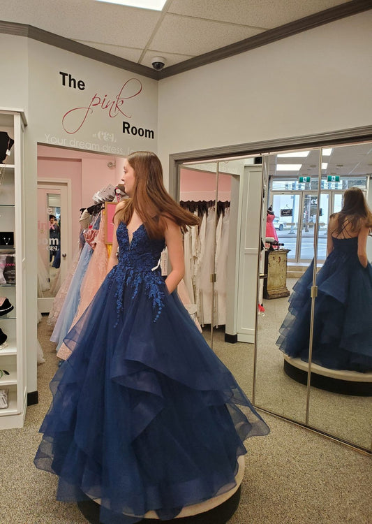 Classy Ball Gown Spaghetti Straps Navy Blue Tulle Lace Floor Length Prom Dress Inspiration Long Party Dresses B456