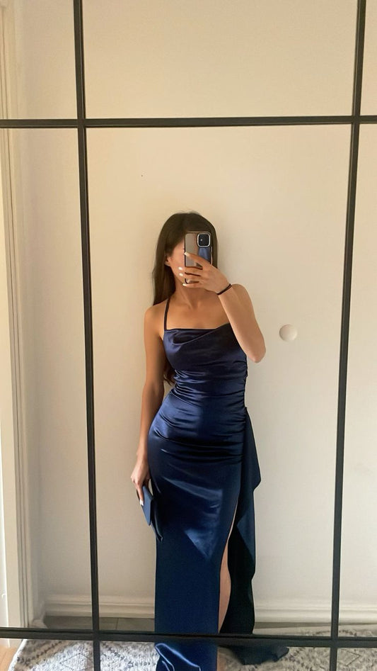 Sexy Sheath Spaghetti Straps Satin Slit Prom Dresses Inspiration Navy Blue Princess Graduation Dress B457