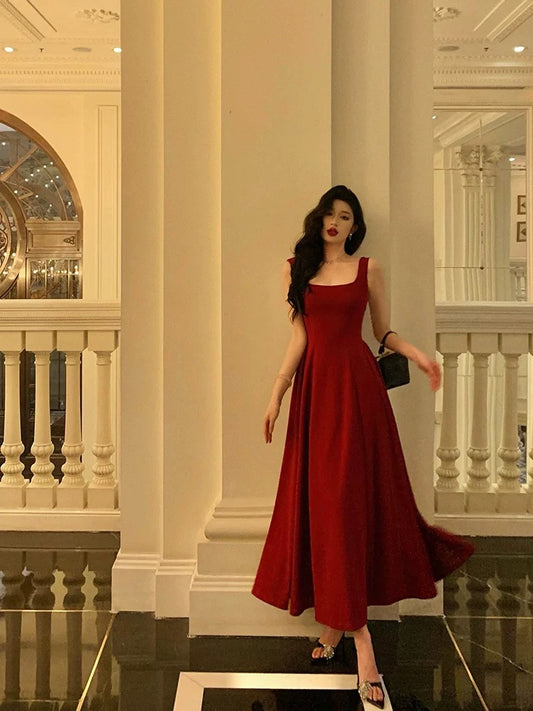 Sexy A Line Square Neck Satin Burgundy Prom Dresses Inspiration Simple Graduation Dress B459