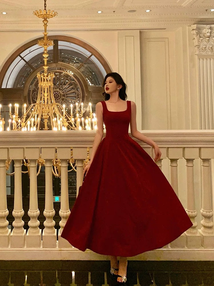 Sexy A Line Square Neck Satin Burgundy Prom Dresses Inspiration Simple Graduation Dress B459