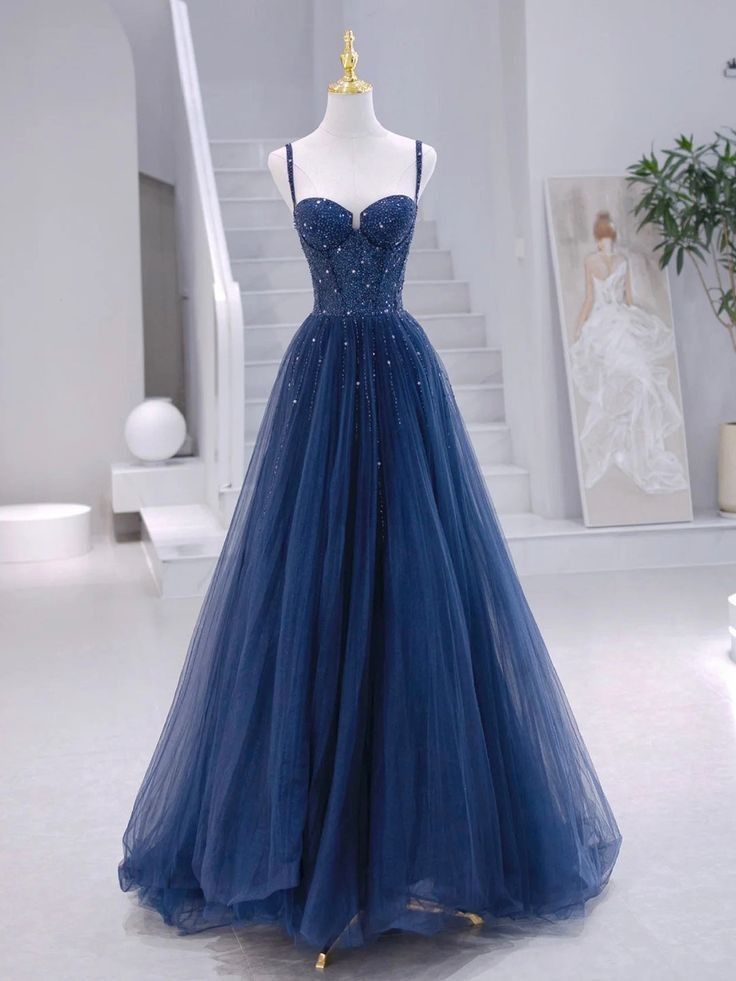 Modest Ball Gown Spaghetti Straps Navy Blue Tulle Prom Dresses Party Dress Princess Graduation Dress B461