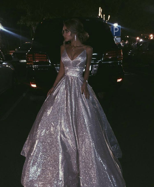 Modest Ball Gown Spaghetti Straps Sequin Prom Dresses Party Dress Princess Graduation Dress B463