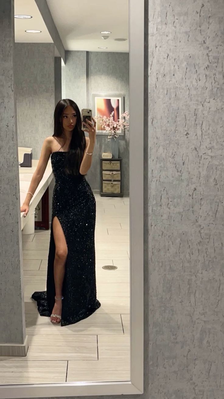 Modest Sheath Strapless Black Slit Sequin Prom Dresses Split Party Dress Princess Graduation Dress B465