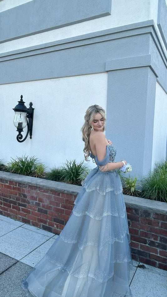 Charming Ball Gown Off The Shoulder Dusty Blue Tulle Prom Dresses Inspiration Prom Dress Princess Graduation Dress B467