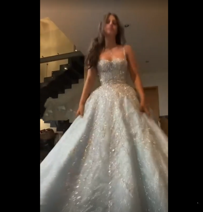 Sexy Ball Gown Spaghetti Straps Light Sky Blue Tulle Sequins Prom Dresses Inspiration Unique Graduation Dress B469