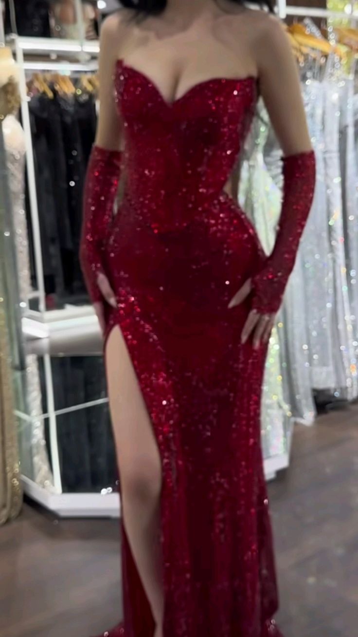 Classy Mermaid Sweetheart Sequin Red Sequin Slit Floor Length Prom Dress Dream Long Party Dresses B470