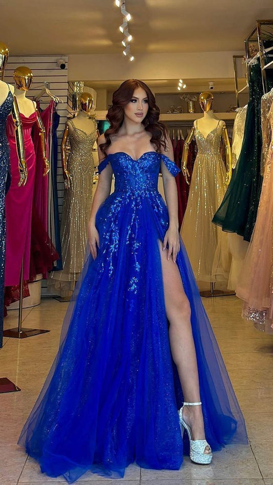 Charming Ball Gown Off The Shoulder Royal Blue Tulle Lace Slit Prom Dresses Formal Gown Princess Graduation Dress B471