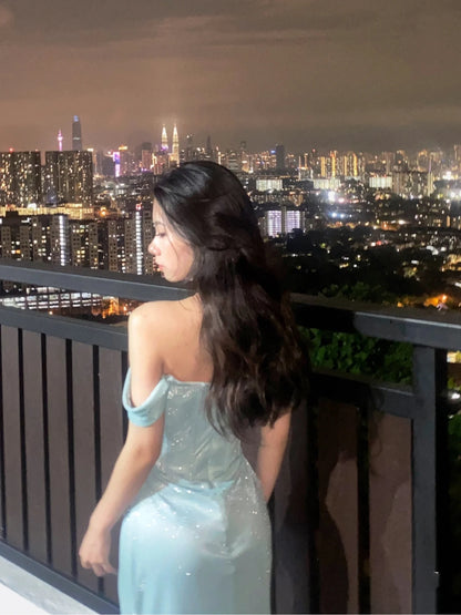 Charming Mermaid Off The Shoulder Light Sky Blue Sequin Slit Prom Dresses Formal Gown Princess Graduation Dress B476