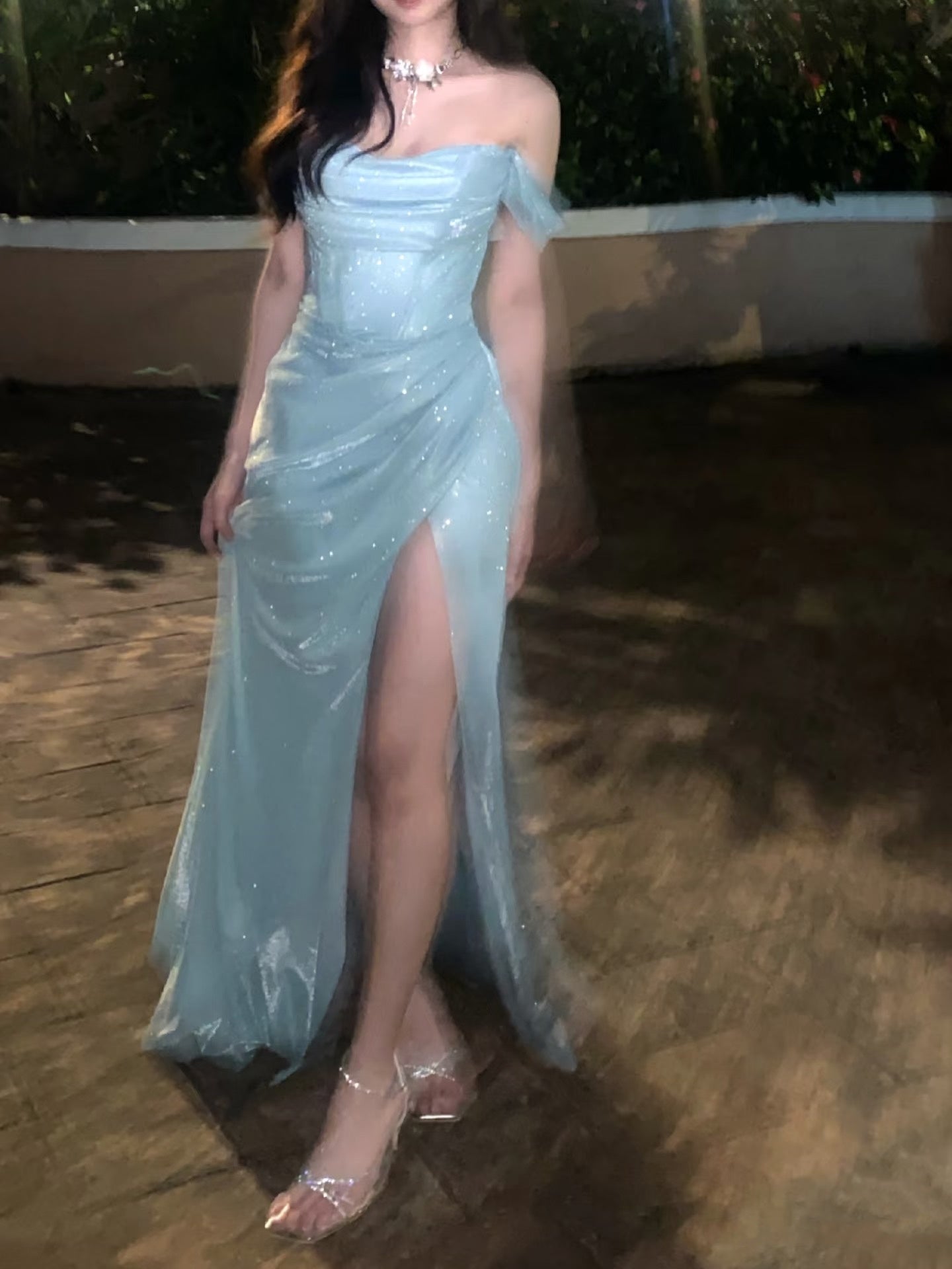 Charming Mermaid Off The Shoulder Light Sky Blue Sequin Slit Prom Dresses Formal Gown Princess Graduation Dress B476