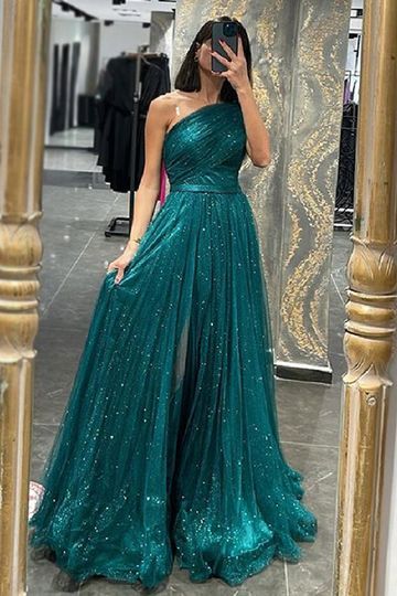 Sexy A line One Shoulder Slit Tulle Green Prom Dresses Inspiration Unique Party Formal Graduation Dress B486