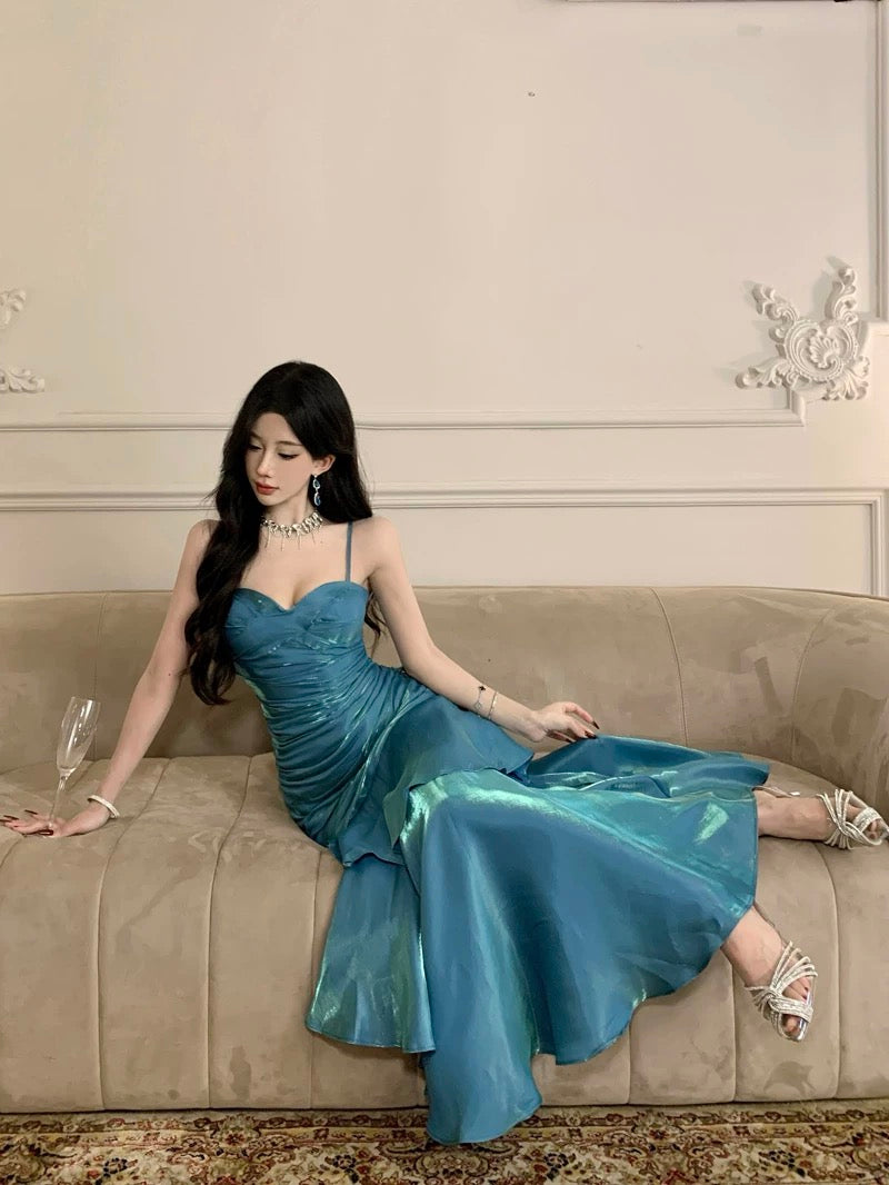Sexy Mermaid Spaghetti Straps Light Sky Blue Long Prom Dresses Party Dress Princess Graduation Dress B487