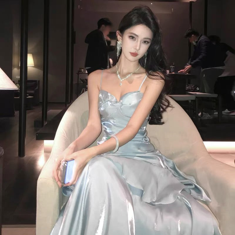 Sexy Mermaid Spaghetti Straps Light Sky Blue Long Prom Dresses Party Dress Princess Graduation Dress B487