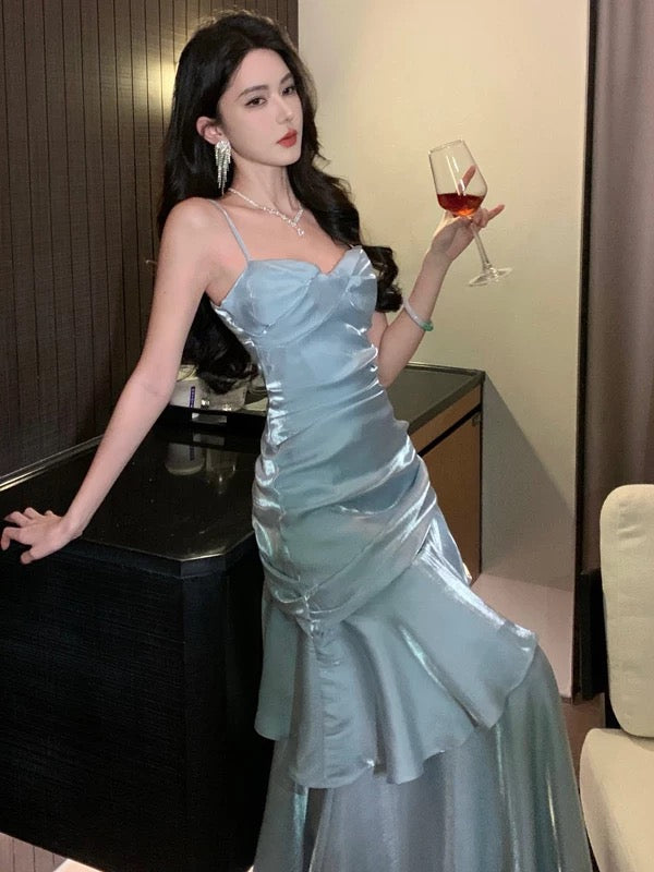 Sexy Mermaid Spaghetti Straps Light Sky Blue Long Prom Dresses Party Dress Princess Graduation Dress B487