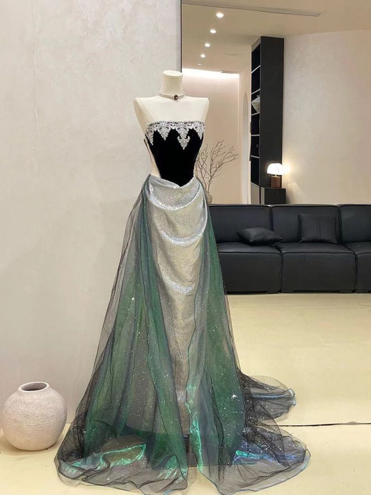 Elegant Mermaid Strapless Sequin Long Floor Length Green Prom Dress Inspiration Long Prom Dresses B49