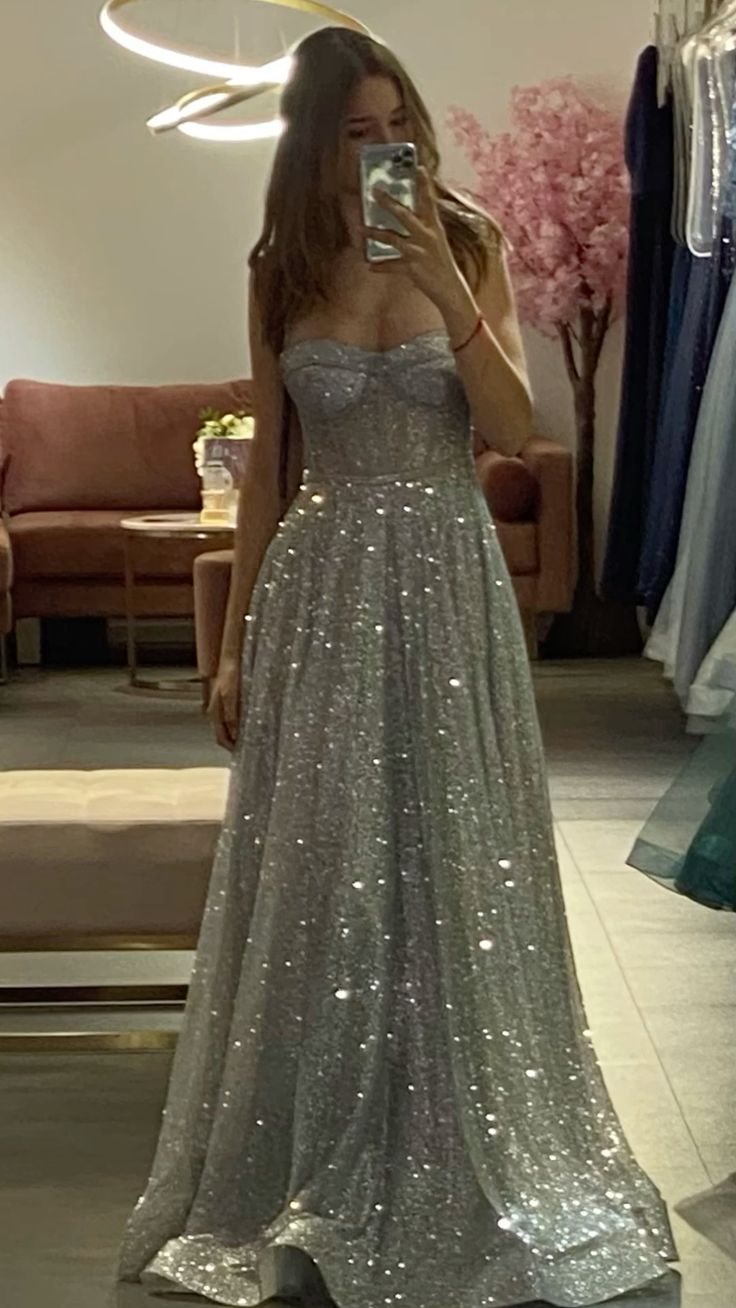 Sexy A Line Spaghetti Straps Silver Sequin Long Prom Dresses Party Dress Princess Graduation Dress B491