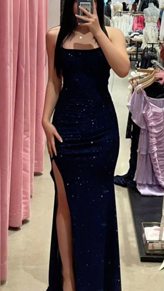 Sexy Mermaid Spaghetti Straps Blue Slit Sequin Long Prom Dresses Party Dress Princess Graduation Dress B495