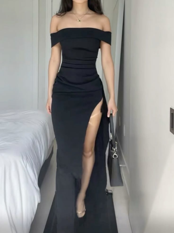 Elegant Mermaid Off The Shoulder Black Slit Prom Dresses Inspiration Unique Party Formal Graduation Dress B496